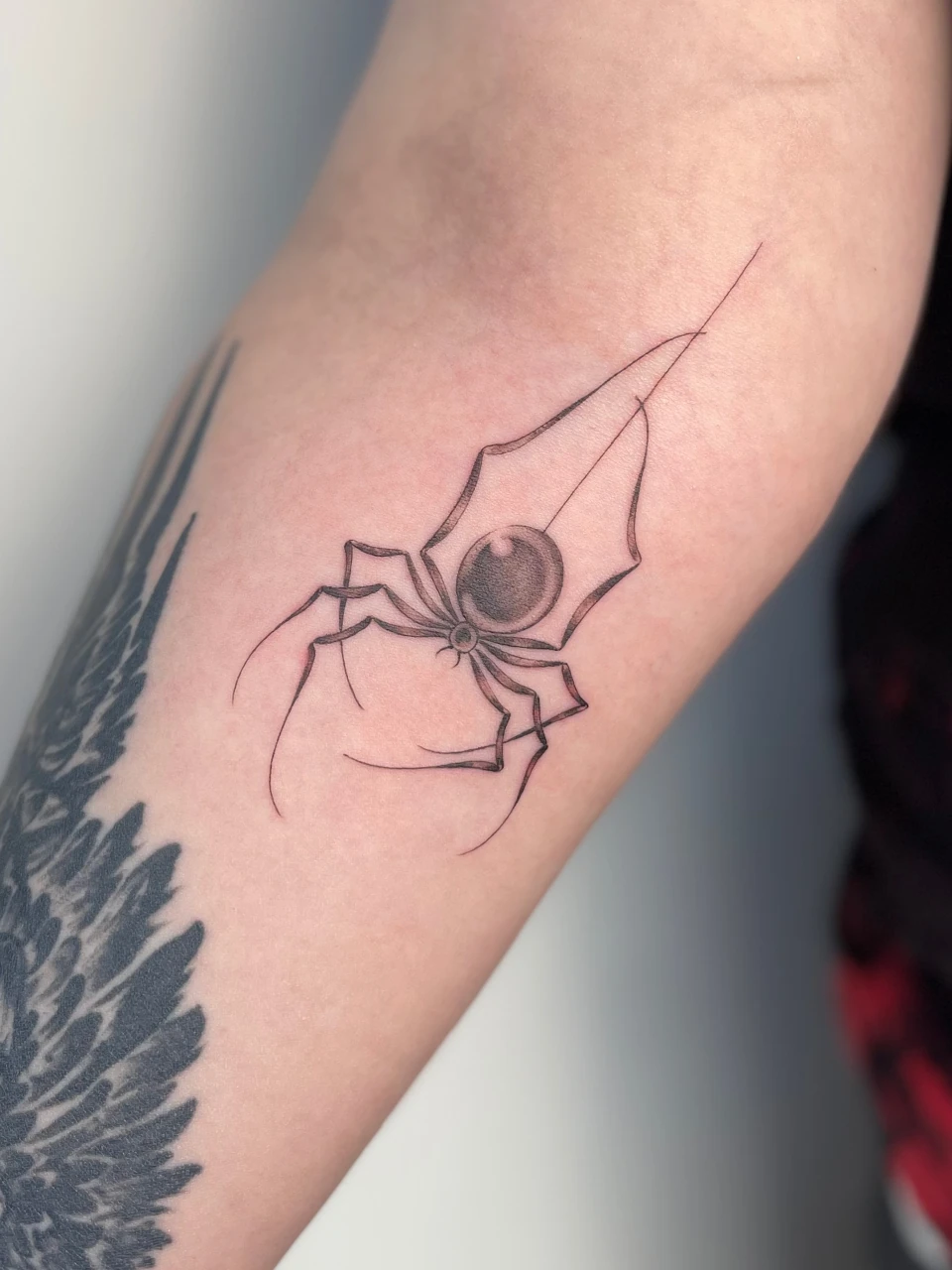 spider fine line tattoo on forearm